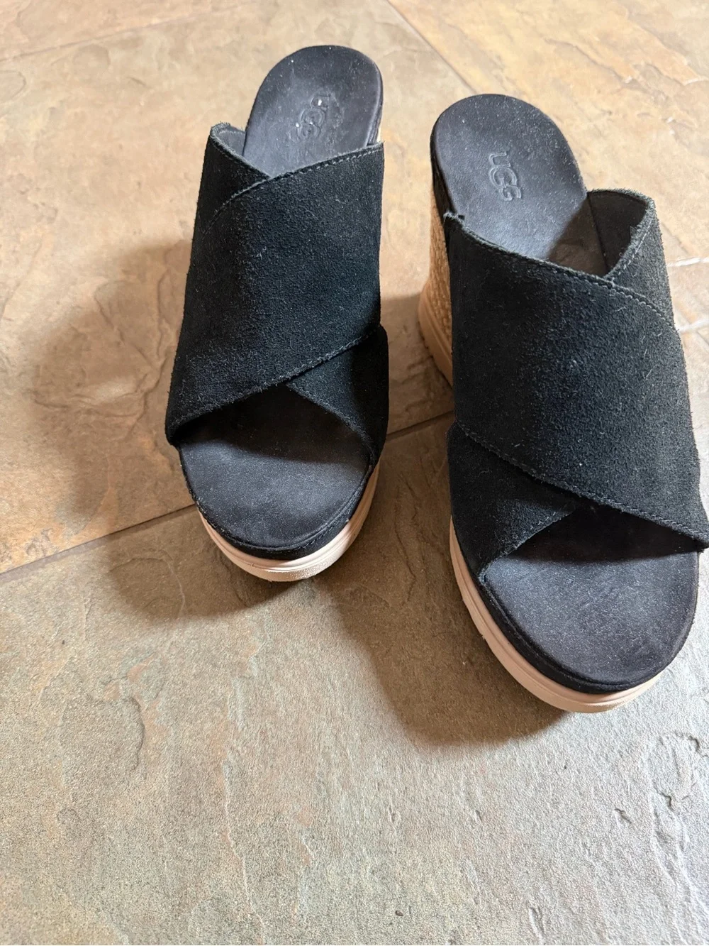 UGG Black Suede Braided Espadrille Wedge Sandals